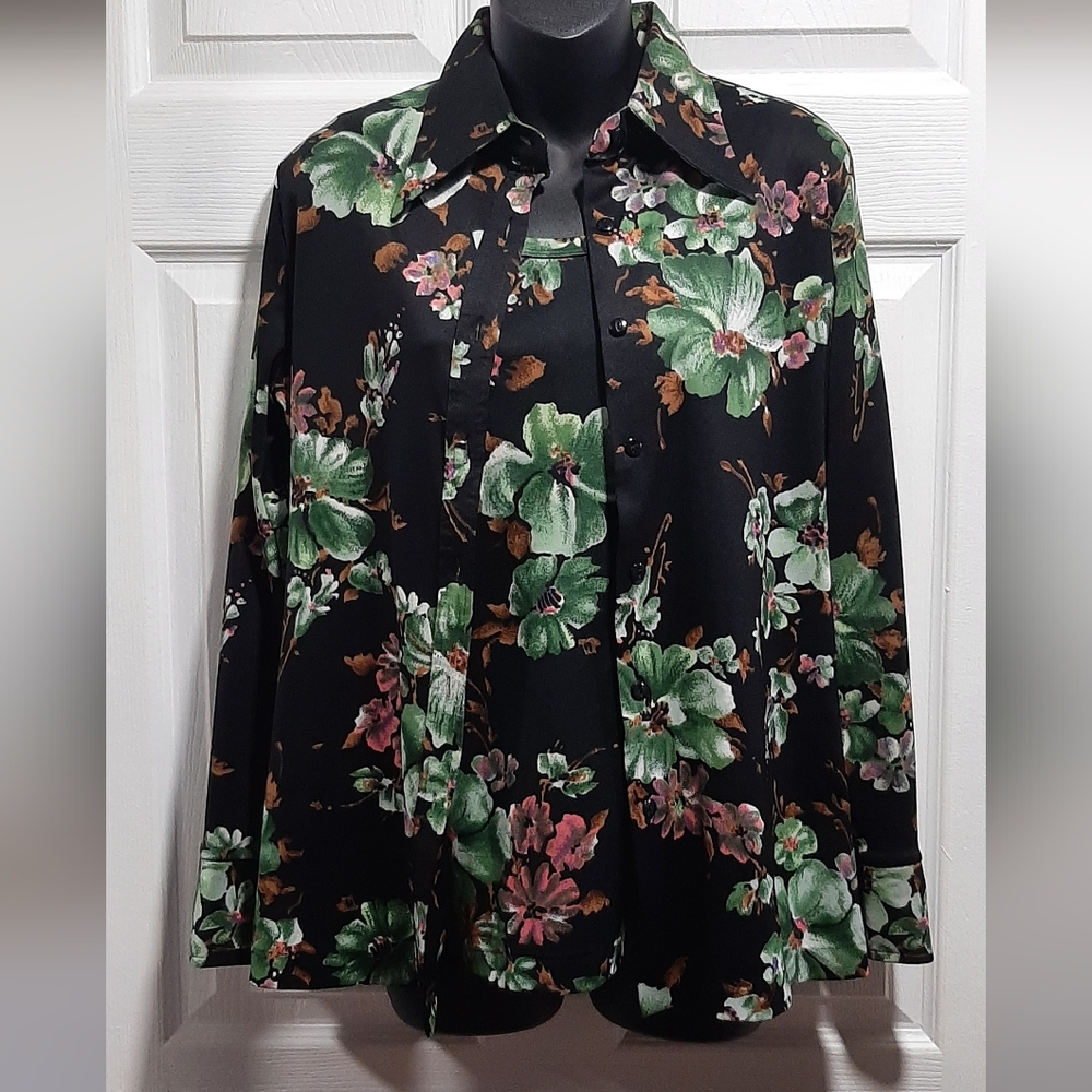 Vintage Elite Floral 2 Piece Button Blouse Dagger Collar Size 16 Floral Pattern